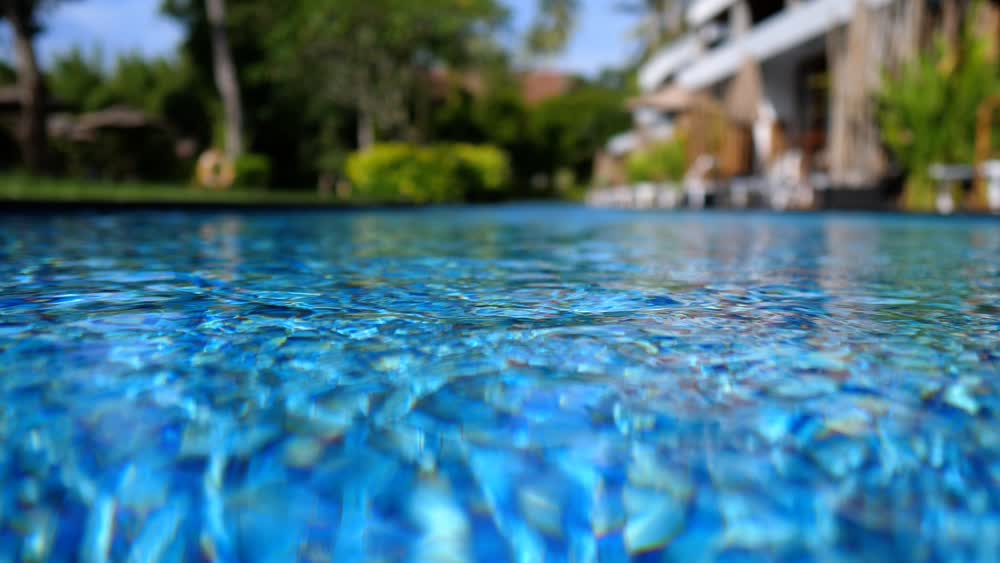 Close-up of tiled pool edge in backyard